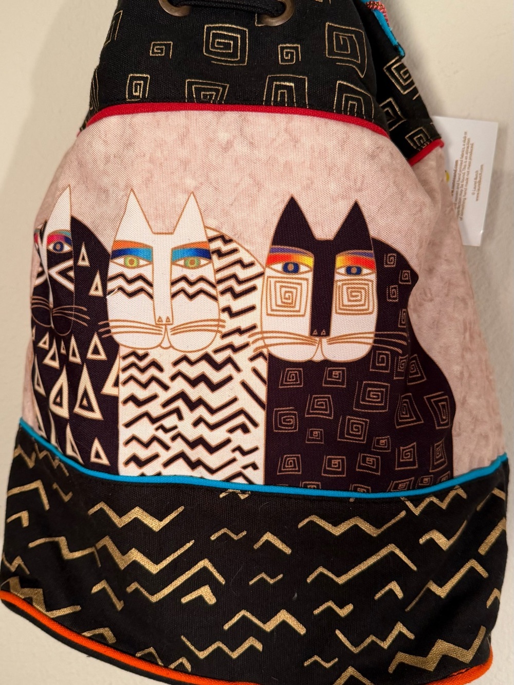 Laurel Burch Black/Turquoise/Gold Cat Drawstring Tote Bag - Picture 6 of 11